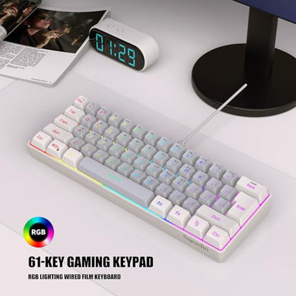 Snpurdiri 60% Wired Gaming Keyboard, SmallUltra-Compact 61 Keys RGB Backlit 60 Percent Gaming Keyboard for PC/Mac Gamer, Typist, Travel, Easy to Carry on Business Trip(White-Grey) - color: White and Grey