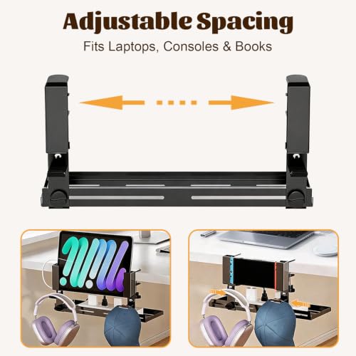 Laptop Holder for Desk,Desk Side Storage Organizer, Under Desk Laptop Mount | Clamp-On Vertical Laptop Holder, No Drill Metal Shelf with Headphone Hook & Power Strip Holder, Black