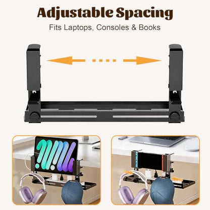 Laptop Holder for Desk,Desk Side Storage Organizer, Under Desk Laptop Mount | Clamp-On Vertical Laptop Holder, No Drill Metal Shelf with Headphone Hook & Power Strip Holder, Black