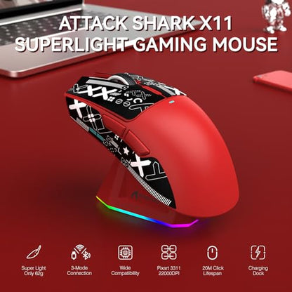 ATTACK SHARK X11 Wireless Gaming Mouse, PAW3311 Sensor, Lightweight, RGB Charging Dock, 22,000 DPI, Tri-Mode Connectivity, 5 Programmable Buttons, Grip Tape Included - Red - color: Red, size: Mouse and Anti-slip sticker