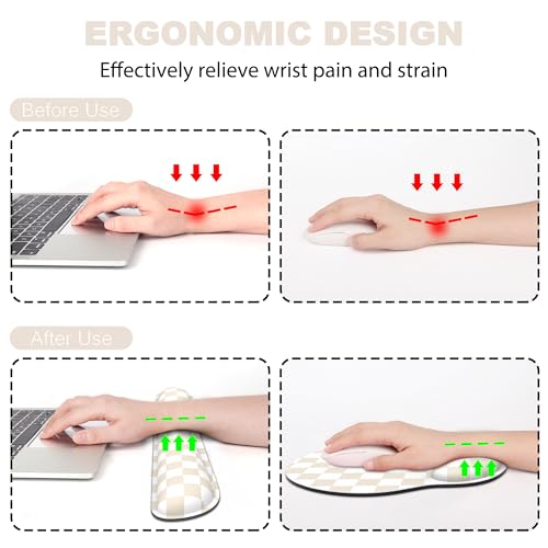 Ergonomic Mouse Pad with Wrist Rest and Keyboard Wrist Rest, Mousepad and Keyboard Pad, Non-Slip Rubber Base, Pain Relief, Mouse Pad with Wrist Support for Gaming, Computer, Office, Beige Checkered - color: Beige Checkered