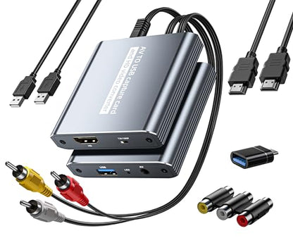 VHS to Digital Capture Card – USB Video Capture Card with HDMI Loop Out, RCA AV to USB for VCR/DVD/Hi8/PS2/Wii, 1080P 30fps Analog to Digital Converter, Effortless Record & Preview Old Videos on TV/PC