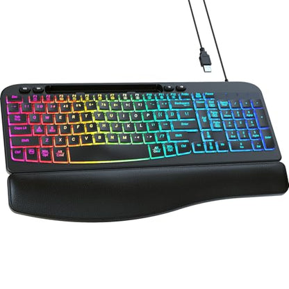 VEILZOR Wired Ergonomic Keyboard, 7-Color Backlit USB Computer Keyboard with Wrist Rest, Wave Keys, Phone Holder, Lighted Keyboard Compatible with PC, Laptop, Windows, and Mac