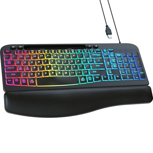 VEILZOR Wired Ergonomic Keyboard, 7-Color Backlit USB Computer Keyboard with Wrist Rest, Wave Keys, Phone Holder, Lighted Keyboard Compatible with PC, Laptop, Windows, and Mac