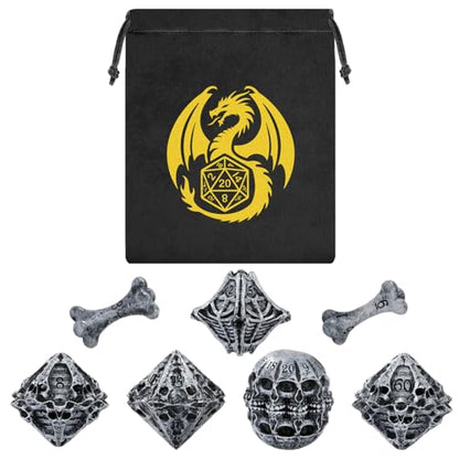 DND Dice Set, Features Skeleton Theme Dice Set, Resin Material, DND Starter Set, 7pcs Polyhedral Dice Set with Dice Bag, Role Playing Board Games Accessories, Grey