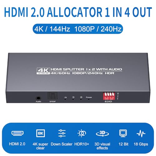 HDMI 2.0 Splitter 1 in 2 Out 4K 60Hz - HDCP2.2/2.3, EDID Mode,HDR, Dolby Atmos/DTS5.1/7.1 - for PS4/5, Apple TV 4K, Roku, Soundbar