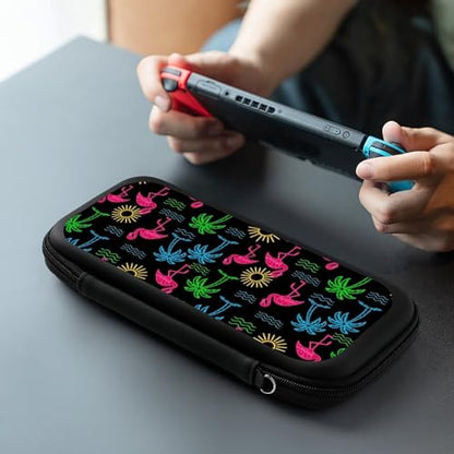 PPIKTC Portable Game Carrying Bag for Switch, Tropical Coconut Tree Neon Flamingo Hard Shell Shockproof Case, Protective Storage Holder Pouch with 15 Game Cartridges - color: Design (215)