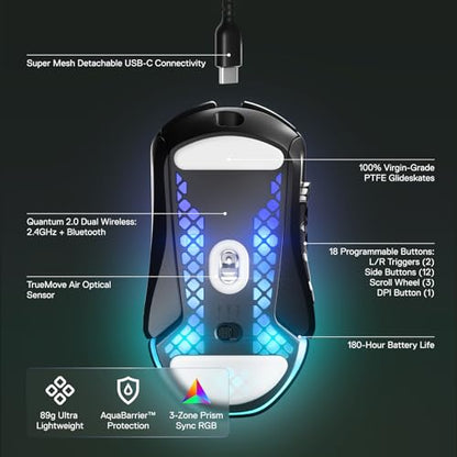SteelSeries Aerox 9 Wireless - Holey RGB Gaming Mouse - Ultra-lightweight Water Resistant Design - 18 Buttons – Bluetooth/2.4 GHz - 18K DPI TrueMove Air Optical Sensor