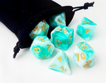 Green Mix White DND Dice Set of 7pcs (Turquoise Green) | Unique Pastel Polyhedral Dice for D&D, Dungeons and Dragons, RPG, MTG Accessories – D20 System Set - color: Turquoise Green & White