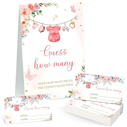 Floral Guess How Many Baby Shower Game Pack of 1 Tabletop Sign with Stand and 50 How Many Cards, Pink Clothes Gender Reveal Party Game Decoration - style: Floral