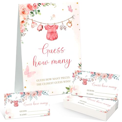 Floral Guess How Many Baby Shower Game Pack of 1 Tabletop Sign with Stand and 50 How Many Cards, Pink Clothes Gender Reveal Party Game Decoration - style: Floral
