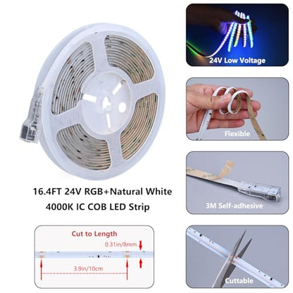 RGBW IC COB LED Strip Kit Natural White 4000K 16.4FT 24V 480LEDs/M | WS2811 IC Addressable Music-Sync Dimmable Color Changing Multicolor RGB+NW LED Tape Kit for Bedroom Gaming Room Party Lights - color: RGBW+IC+4000K