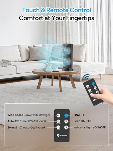 DR.PREPARE Desk Fan USB DC Tower Cooling Fan with Remote Control, DC Motor Portable Oscillating Fan, 3 Speeds, Dual Air Circulation, 110° Oscillation, Table Fan for Bedroom Dorm Room Office Desktop
