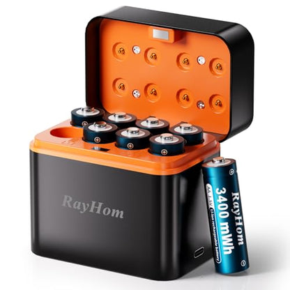 8 Pack 3400mWh Rechargeable Lithium AA Batteries with Charger | 1.5V Constant Output, High Capacity, 8-Slot Double A Li-ion Charger with Smart Charging, Multiple Charging Protections - color: 8AA+Charger