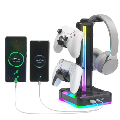 KDD RGB Gaming Headphone and Controller Stand with 2 Type-C and 1 USB Ports | Headset Stand with 9 Light Modes, Headset Holder for Desk, Controller Headphone Holder, For Gift PC Gaming Room Accessories