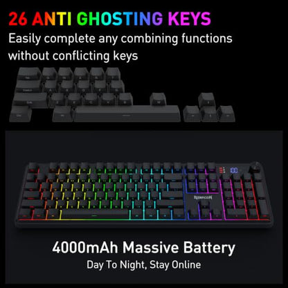Redragon K526 PRO RGB Wireless Membrane Gaming Keyboard, 104 Keys Mechanical-Feel Keyboard w/LED Info Display, Media/Backlit Knob Control, Linear Switch & Software Supported (Side Printed Font) - color: Black (Side Printed)
