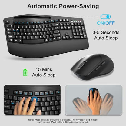 Wireless Keyboard and Mouse Combo, Full Size Ergonomic Wave Keys(Black) | 2.4G Ergonomic Keyboard with Wrist Rest, Phone Holder, 3-Level DPI Silent Mouse with 6-Buttons, for Windows/Mac OS/Laptop/PC - color: Black