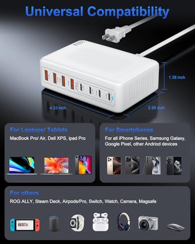 USB C Charger Block 200W, GaN USB Charging Station Hub 8-Port, PD 65W Laptop Fast Charger Power Adapter Compatible with MacBook Pro/Air,Dell,iPad,iPhone 16/15,S23/S24 Steam Deck etc