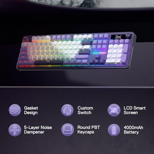 Redragon K762 Wireless Gasket Mechanical Gaming Keyboard, LED Screen & Knob | Easy-Control TFT Info Display, Cushioned 5-Layer Noise Dampening for Creamy Thocky Sound, Round PBT Keycap, 104 Custom Switch - color: Charming Purple, size: 104 Keys