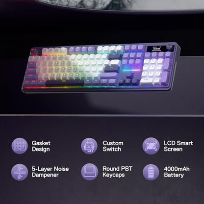 Redragon K762 Wireless Gasket Mechanical Gaming Keyboard, LED Screen & Knob | Easy-Control TFT Info Display, Cushioned 5-Layer Noise Dampening for Creamy Thocky Sound, Round PBT Keycap, 104 Custom Switch - color: Charming Purple, size: 104 Keys