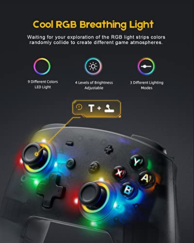Switch Controller, 9 LED Colors, Pro Controller Compatible with Switch/Switch Lite, Wireless Gamepad with Back Buttons/Programmable/Motion Control/Dual Vibration/Turbo/Transparent