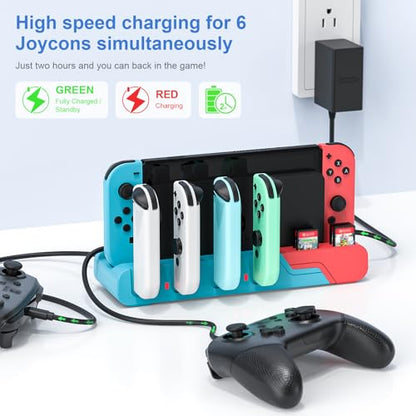 Switch Controller Charging Dock Compatible With Nintendo Switch & Switch OLED Model Joycons, Charging Station For Up To 6pcs Joycon With Game Card Storage (Red+Blue) - color: Red＆Blue