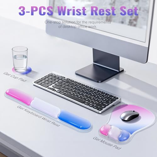 Ospelelf Mouse Pad with Wrist Rest Set Gel Ergonomic Keyboard Wrist Support Anti-Slip Rubber Bottom Office Women Desk Accessories for Computer, Laptop and Gaming, Pink and Blue - color: Pink and Blue, style: Keyboard Rest + Mouse Rest + Coaster