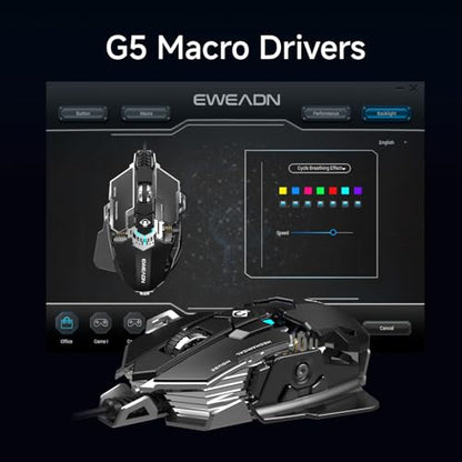 EWEADN G5 Wired Gaming Mouse with Adjustable Tail, 12800 DPI Programmable Computer Mouse with RGB Backlit, 9 Macro Buttons, Rapid Fire Key & Aluminum Base Ergonomic PC Mice for Laptop, PC-Black&White - color: Black