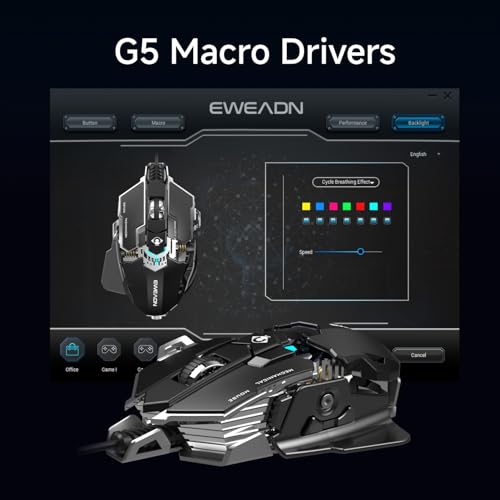 EWEADN G5 Wired Gaming Mouse with Adjustable Tail, 12800 DPI Programmable Computer Mouse with RGB Backlit, 9 Macro Buttons, Rapid Fire Key & Aluminum Base Ergonomic PC Mice for Laptop, PC-Black&White - color: Black