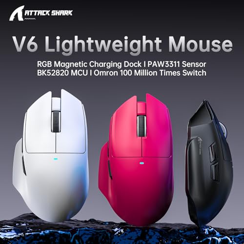 ATTACK SHARK V6 Wireless Gaming Mouse with RGB Charging Dock, 25K DPI PAW3311 Sensor, 1K Polling Tri-Mode Ergonomic PC Mice, 5 Programmable Bottons, Cloud-Based AI Driver for Win/Mac,Black&Tape - color: Black&Tape