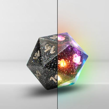 Electronic Dice - D20 (Midnight Galaxy) - RGB Polyhedral Dice, App-Controlled Light Patterns & Audio, Wireless Charging, Resin, VTT Connectable via Bluetooth, for Role Playing Games Like DND! - color: Midnight Galaxy