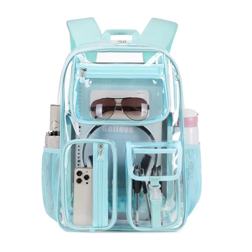 Clear Backpack Heavy Duty For Stadiums Events,Light Blue 16inch TPU BookBag | See Through Plastic Stitch Durable Design 6-Pocket For School Boys Adults work Airport Quick Security,Large capacity backpack - color: Aqua