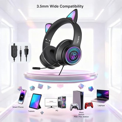 Cat Ear Gaming Headphones Wired AUX 3.5mm with LED Light, VIGROS Flashing Stereo Game Headphones Surround Sound Over-Ear Headsets with Microphone Fit Kids & Adult for PC, PS4, Switch, Mobile, Laptop - color: Black