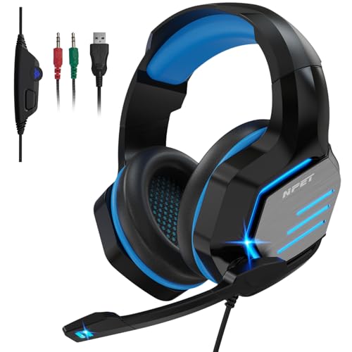 NPET H022 Blue Gaming Headset - Noise Cancelling Over-Ear Headphones with Mic, LED Lights, Bass Surround Sound for PS5, PS4, Xbox One, PC & Controller