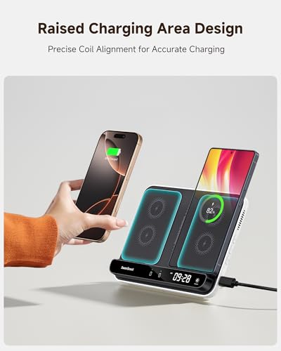 Dual Phone Foldable Wireless Charging Station for iPhone, Galaxy, Pixel | Dual phone charging, Foldable portable stand, Dimmable clock, Case friendly, Raised charging area, flat mode for earbuds, 504 - color: Black