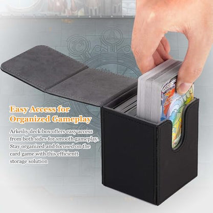 Arkeiliy Card Deck Box, 110+ Storage MTG Deck Box with 50 Pcs Card Sleeve, Collectible Trading Card Cases for Magic Commander and More (Black) - color: Black