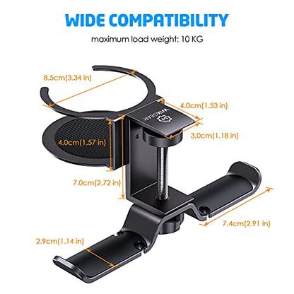 Headphone Stand, 2 in 1 PC Gaming Headset Stand Cup Holder, with Cable Organizer, 360° Adjustable & Rotating Arm Clamp Headphone Holder, Suitable for All Headphones and Drinks