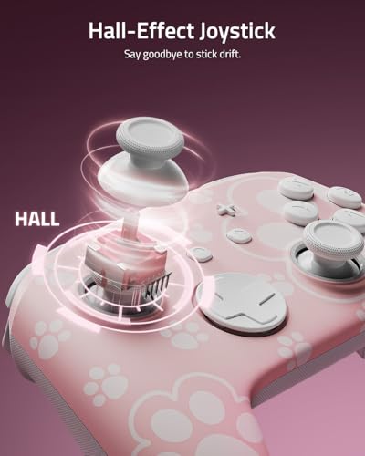 Switch Pro Controller Wireless Compatible with Nintendo Switch 2/OLED/Lite, Grily Hall Effect Controller, Firefly Bluetooth Remote Gamepad Controles Pink with 7 LED Colors/Paddle/Turbo- Cat Paw Pattern - color: Pink