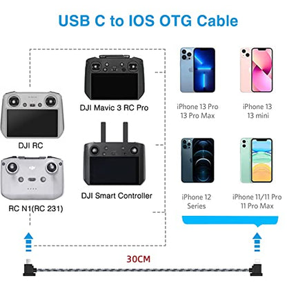 1FT+0.5FT(2 pack) USB C to IOS Remote Controller Cable for DJI Mavic 3, Mini 4 Pro, Mini 2/3 Pro, Air 2S, Mavic Air 2, RC-N1, DJI Drone to Phone 14/13/ Tablet Cable 90 Degree OTG Data Cord Accessories - style: USB C to IOS