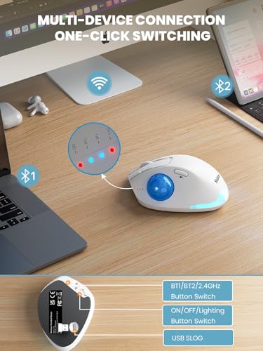 Wireless Trackball Mouse, Adjustable Angle Rechargeable Backlit-White Mouse | MAM1 Pro Ergonomic Mouse Rollerball Thumb mice with 5 Level DPI, 3 Devices Connection (USB & Bluetooth ) for PC, Windows - color: White Mouse