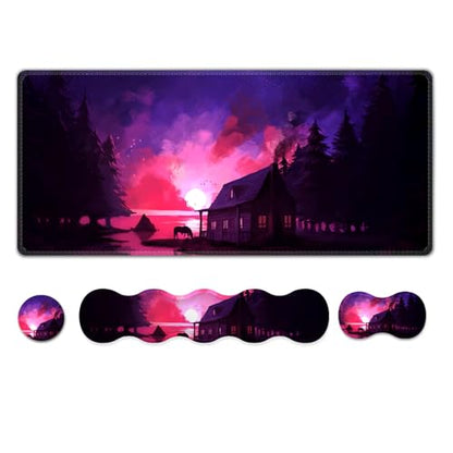 AIMSA Large Mouse Pad and Keyboard Wrist Rest Set, Ergonomic Wrist pad for Keyboard and Mouse Mat 4 in 1 Mousepad with Wrist Support Computer Mat, Village Evening Glow - color: Village Evening Glow
