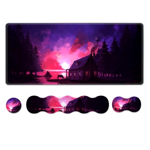 AIMSA Large Mouse Pad and Keyboard Wrist Rest Set, Ergonomic Wrist pad for Keyboard and Mouse Mat 4 in 1 Mousepad with Wrist Support Computer Mat, Village Evening Glow - color: Village Evening Glow