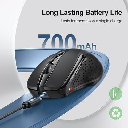 TECKNET Wireless Mouse Rechargeable, 2.4G Computer Mice with USB-A Receiver | 2.4G Connection, 800mAh Battery, 3X Faster Charging, Silent Click, 6-Level 4800 DPI, Ergonomic Design for All-day Comfort - color: Black
