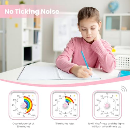 Visual Timer for Kids, Rainbow Timer with Pause Function, Pink | Cute Silent Timer for Classroom, ADHD, Kitchen, Toddlers, Study, Alarm 3 Volume Levels, Light Indicator, Easy to Use - color: Rainbow Pink