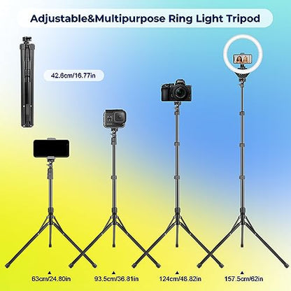 64” Phone&Tablet Tripod, Aureday Cell Phone Tripod for iPhone with Wireless Remote and Phone Holder Bundle with 14'' Selfie Ring Light with 62'' Tripod Stand and Phone Holder, Dimmable LED Phone Ringl