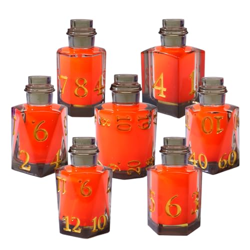 XENOLUX Liquid Core DND Dice Set, Glowing Potion Bottle Shape Polyhedral Vibrant Orange RPG Dice for Board Games, 7-Piece Resin Elixir Vial Dice with Moving Swirl Effect - BOT12 - color: Bot12