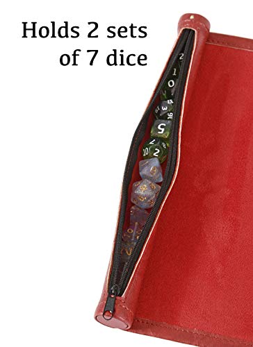 Forged Dice Co Scroll Dice Tray and Rolling Mat with Zippered Dice Holder - Storage Pouch Holds up to 14 Metal or Plastic Polyhedral Dice - Compatible with DND and Dungeons & Dragons Game Dice - color: Red
