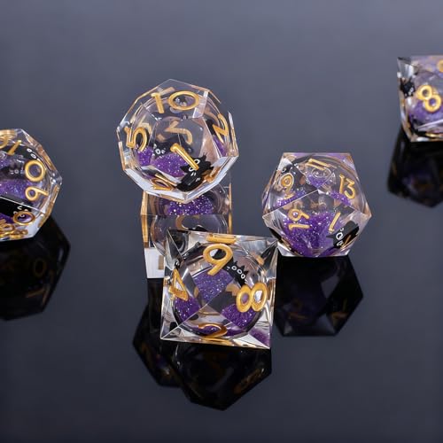 Liquid Core Dice,Cat DND Dice Set with Box,7Pcs Resin Dungeons Dragons D and D Dice, Sharp Edge Role Playing Game Dice D20 D12 D10 D8 D6 D4. (Purple) - color: Purple