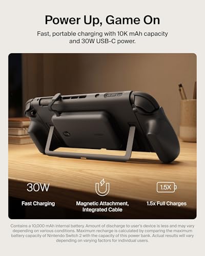Belkin Nintendo Switch 2 Case Grip, 30W 10000mAh Magnetically Attachable Power Bank with Digital Display, Dockable, Quick-Release, Kickstand Compatible Ergonomic Non-Slip Protective Travel Case - color: Black, style: Charging Grip