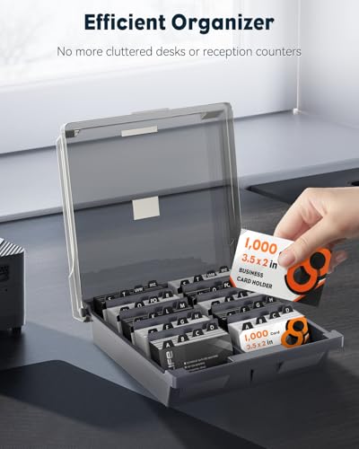 Uniclife Business Card Organizer with Lid & Dividers, 1000-Card Capacity | Desktop business card holder and name card storage box with A-Z index tabs for neat sorting, quick viewing and easy access - size: Large